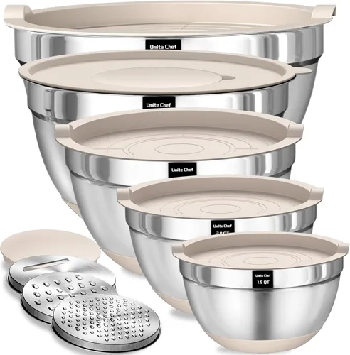Umite Chef, juego de 8 cuencos para mezclar con tapas herméticas, cuencos anidados de acero inoxidable color caqui con accesorios para rallar,