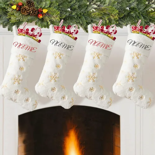 Miniatura 12 de Calcetines negros de piel sintética de Navidad, 1 paquete grande de 22 pulgadas, medias colgantes de felpa negra con nombre personalizado con copos