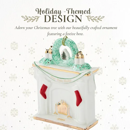 Miniatura 3 de Spode Adorno de chimenea para árbol de Navidad, primer hogar - Repisa festiva con medias, corona verde y acogedora escena de fuego, decoración