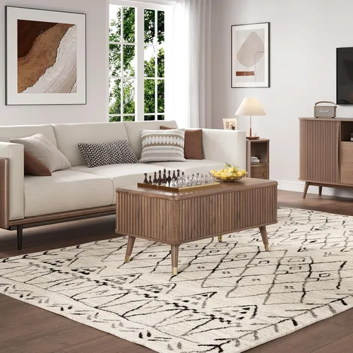 Miniatura 6 de JOINICE - Mesa auxiliar rectangular con tapa elevable para sala de estar u oficina en casa, con almacenamiento, diseño acanalado, estilo moderno
