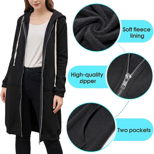 Miniatura 5 de Chaqueta tipo sudadera larga con cremallera y capucha, estilo casual para mujer, sudadera con bolsillos de gran tamaño y moderna