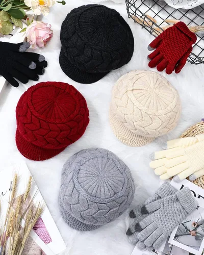 Miniatura 7 de SATINIOR Juego de 4 gorros y guantes de invierno para mujer, gorro de punto cálido, gorro de esquí de nieve con visera y guante para pantalla rojo