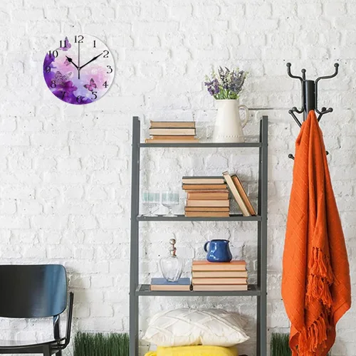 Miniatura 6 de Reloj de pared con mariposas moradas, silencioso, funciona con pilas, floral, sin tictac, decorativo, reloj analógico de cuarzo redondo de 9.5 A01