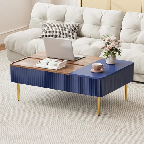 Miniatura 2 de HLR Mesa auxiliar de doble elevación de 47 pulgadas con almacenamiento, moderna mesa de centro de madera acanalada con compartimento oculto, mesa