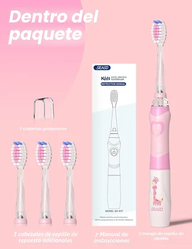 Miniatura 5 de Cepillo de dientes eléctrico infantil, suave, con batería, con temporizador inteligente, resistente al agua, reemplazable, limpieza a fondo para Rosa