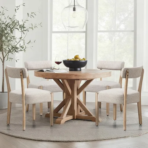Miniatura 8 de ZJhome Sillas de comedor, paquete de 2 sillas de cocina de madera modernas de mediados de siglo con tapicería de lino, diseño tejido de respaldo