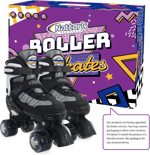 Miniatura 6 de Nattork Patines de ruedas para niños y niñas, 4 tamaños ajustables con ruedas iluminadas para niños principiantes para interiores y exteriores Negro