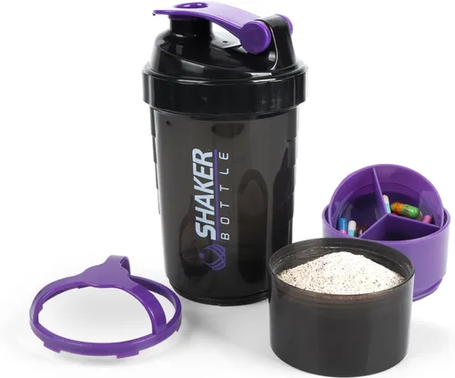 Shaker Bottle - Vaso agitador de proteínas con compartimentos de almacenamiento - Botellas de entrenamiento a prueba de fugas con mezclador para una