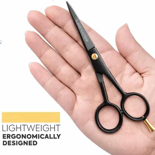 Miniatura 5 de Beauty & Crafts Tijeras profesionales de 5 pulgadas para barba y bigote para hombre, tijeras de corte de barba de acero inoxidable alemán con 2 Negro