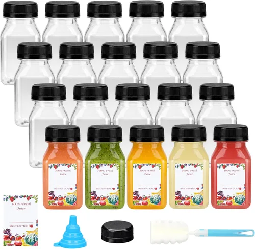 Miniatura 14 de SUPERLELE 12 botellas de plástico de 8 onzas con tapas, recipientes transparentes reutilizables para jugo con etiquetas, embudo y cepillo