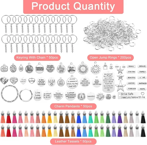 Miniatura 2 de Audab Juego de 350 Piezas de Accesorios de Llaveros Motivacionales con 50 Dijes de Palabras Inspiradoras Grabadas, 50 Borlas de Llavero de Cuero, 50