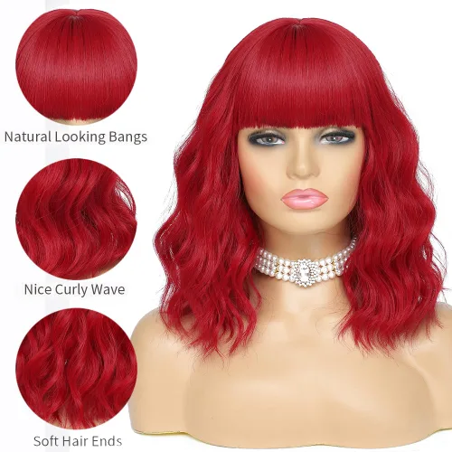 Miniatura 3 de Peluca corta ondulada con flequillo, peluca roja para mujer, peluca sintética rizada estilo Bob, peluca de fibra resistente al calor de aspecto