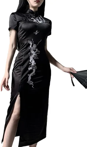 Miniatura 2 de Vestido largo negro gótico para mujer, elegante vestido de noche vintage, bordado chino, vestido de fiesta gótico ajustado