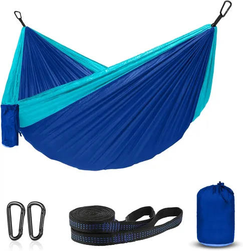 Miniatura 8 de Hamaca para campamento, hamacas portátiles individuales/dobles para senderismo al aire libre, viajes, mochileros, hamaca de nailon 210D para patio