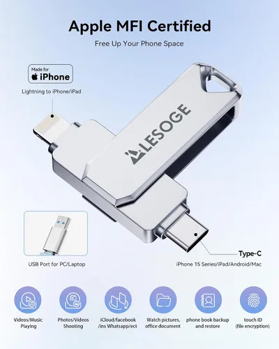 Miniatura 2 de Unidad flash de 256 GB con certificación MFi para iPhone Photo Stick, memoria USB para fotos, videos, unidad de salto de alta velocidad
