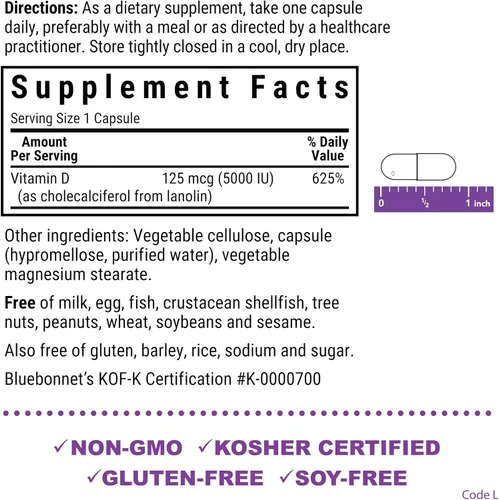 Miniatura 2 de Bluebonnet Nutrition Vitamina D3 5000 UI - Cápsula vegetal, ayuda en el crecimiento muscular y esquelético, colecalciferol de lanolina, D3, sin OMG