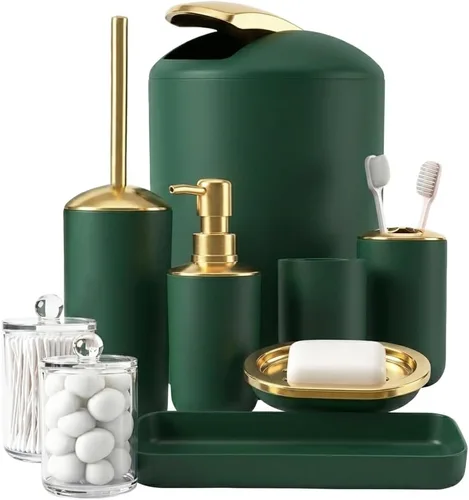Miniatura 18 de BSSN Juego de 25 accesorios de baño negros y dorados con cortina de ducha y alfombras, basura, cepillo de inodoro, dispensador de jabón, soporte