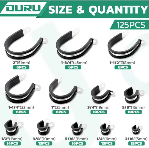 Miniatura 2 de OURU Abrazaderas de cable de 125 piezas, 12 tamaños de abrazaderas de cable aisladas acolchadas con revestimiento de goma de acero inoxidable, kit