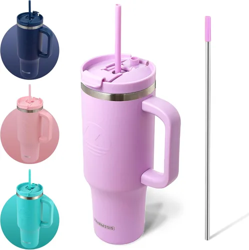 Miniatura 28 de FAHRMOSIS Vaso de 40 onzas con asa y pajita, taza aislada que cabe en el portavasos para bebidas frías y calientes, vaso a prueba de fugas