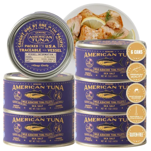 Miniatura 7 de American Tuna Pescado de atún blanco silvestre capturado en poste de grado sushi, sin sal añadida, (12) latas de 3.5 onzas Cosechado