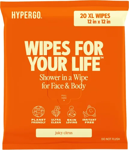 Toallitas corporales HyperGo XL para mujeres y hombres – 30.5 cm x 30.5 cm Toallitas de limpieza corporal completas sin enjuague, 20 unidades -