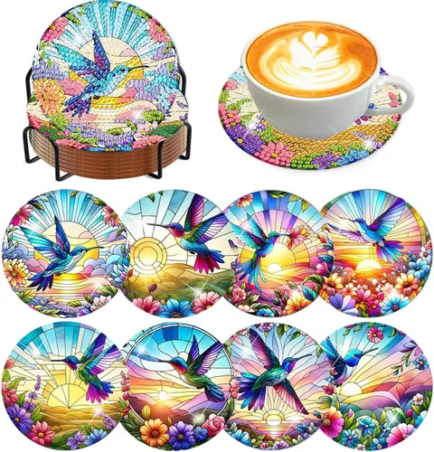 Miniatura 18 de Meothan Juego de 8 posavasos de arte de diamante para adultos con soporte, almohadillas de corcho, posavasos de arte de puntos de diamante de vidrio