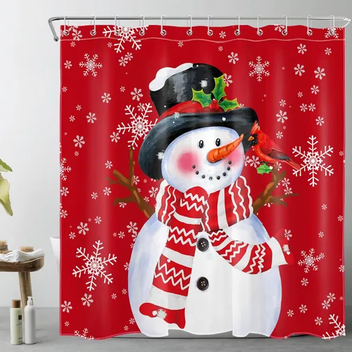 Miniatura 12 de LB Cortina de ducha de muñeco de nieve azul para baño, árbol de Navidad y copo de nieve en invierno con ganchos, juego de cortina de baño