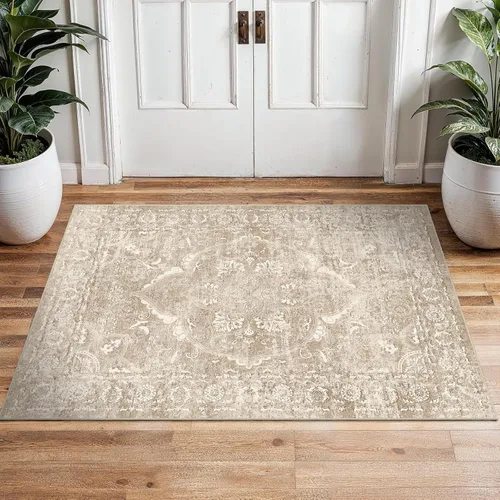 Alfombra de área de entrada de 2 x 3 pies lavable - Alfombra de entrada pequeña neutra, alfombra de cocina, alfombra de pasillo vintage suave,