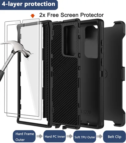 Miniatura 3 de Funda para Galaxy Note 20 Ultra con clip para cinturón, 2 protectores de pantalla, grado militar, cuerpo completo, resistente, a prueba de golpes