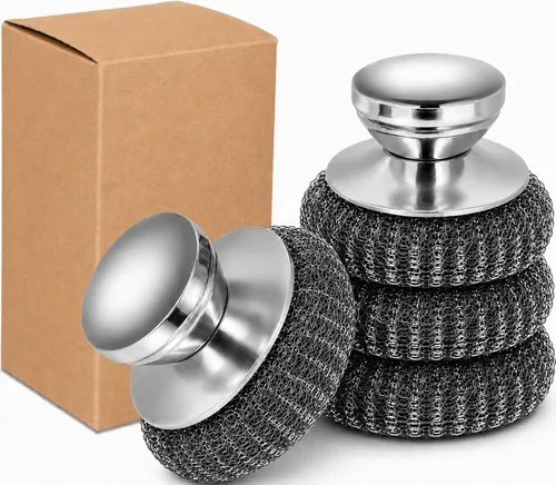 Miniatura 7 de Paquete de 2 Estropajos de Lana de Acero para Platos, Cepillo de Platos de Acero Inoxidable con Mango Ergonómico de Acero Inoxidable, para Limpiar