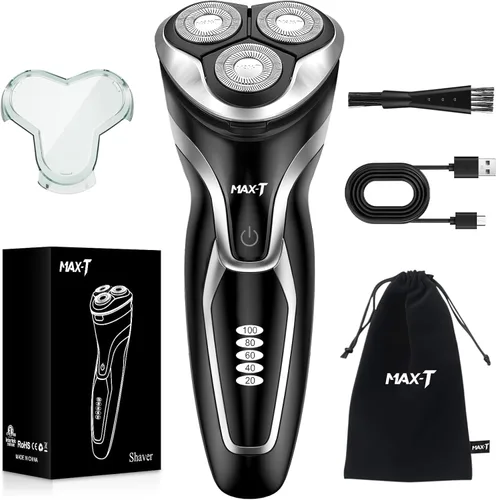 MAX-T Maquinilla de afeitar eléctrica para hombres, afeitadora rotativa 4D para hombres, afeitadora recargable en húmedo y seco con recortadora