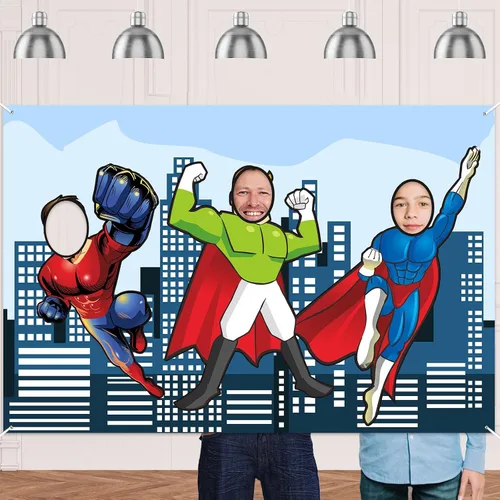 Pancarta de fotos de superhéroe, fondo grande de cara de héroe, accesorios para cabina de fotos, decoración divertida de temática de superhéroes