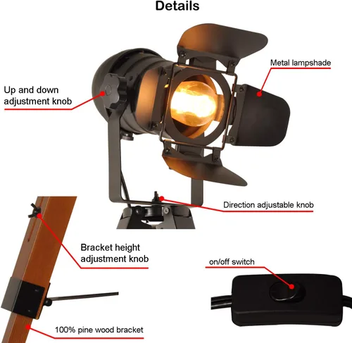 Miniatura 5 de Decoluce Lámpara de Pie Industrial con Trípode de Mesa Madera Vintage Reflector de Búsqueda de Cine Accesorios de Iluminación de Pie Foco Náutico