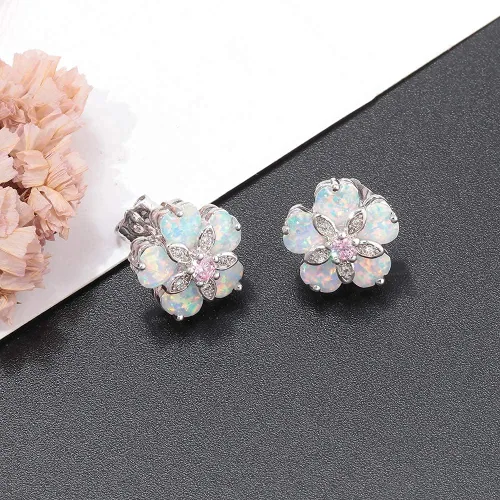 Miniatura 5 de CiNily Aretes tipo dormilona de ópalo con flores para mujer, chapados en rodio, hipoalergénicos, grandes piedras preciosas de 1932 pulgadas