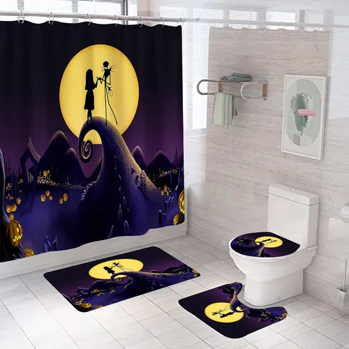 Miniatura 27 de Juego de 4 cortinas de ducha de Navidad para niños, decoración de Halloween con 12 ganchos de cortina para baño, impermeable, 71 x 71 pulgadas (D13)