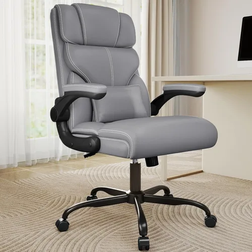 Silla de oficina ejecutiva con reposabrazos abatibles, sillas ergonómicas de escritorio para computadora, silla de oficina de cuero con respaldo Gris