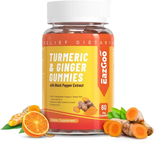 Miniatura 10 de Gomitas de curcumina de cúrcuma de 500 mg para adultos, con pimienta negra, raíz de jengibre, vitamina C, gomitas de frutas bajas en azúcar, sabor a