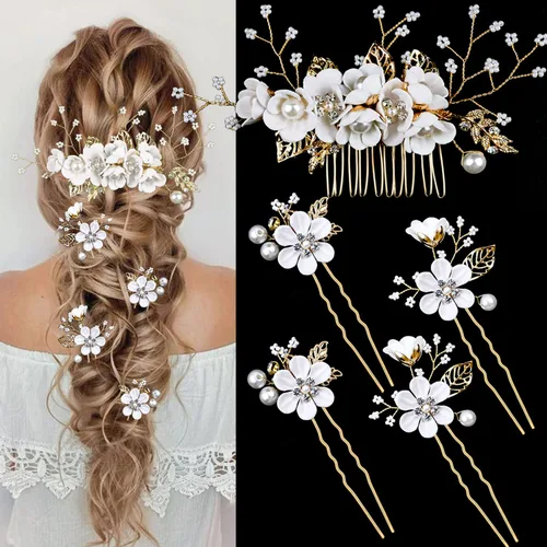 Miniatura 13 de 5 Piezas Horquillas de Flores Nupciales para Cabello de Boda Peines de Cabello de Cristal y Perla Clips Tocado Dorado Accesorios de Cabello de Boda