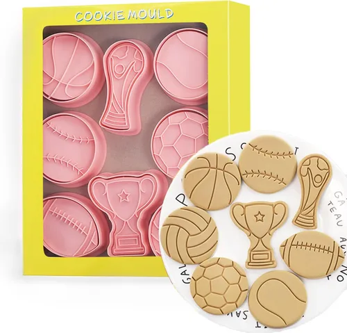 Juego de cortadores de galletas con forma de bola, 8 piezas de fútbol 3D, baloncesto, béisbol, voleibol, fútbol, tenis, cortadores de galletas para