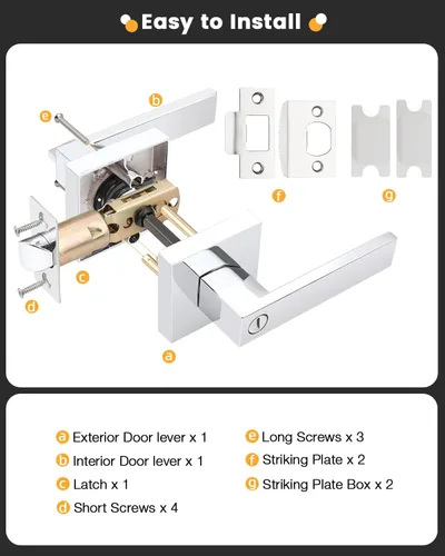 Miniatura 6 de Gobrico Manijas de puerta de privacidad con roseta cuadrada, paquete de 10 cerraduras de cama/baño en cromo pulido para puerta interior Cromado