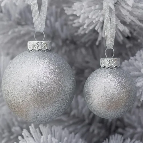 Miniatura 3 de Adornos de Navidad Plateados – 32 Piezas de Decoraciones Plásticas Irrompibles para Árbol Navideño, 16 Bolas de Nieve con Purpurina (3.15"/2.36"), 8