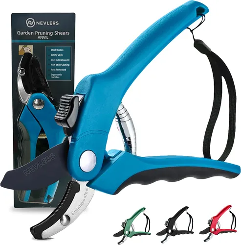 Nevlers Tijeras de podar de yunque azul de 8 pulgadas resistentes | Podadoras de mano para jardinería con cuchillas de acero, bloqueo de seguridad y