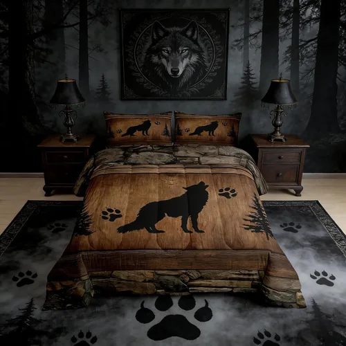 Miniatura 11 de Juego de edredón rústico de oso tamaño completo, juego de ropa de cama de caza de animales salvajes de 3 piezas, edredón de plumón vintage de cabaña