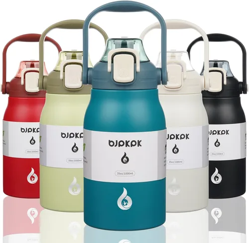 Miniatura 16 de BJPKPK - Botellas de agua aisladas con pajita, botellas de agua bonitas de 27 oz con asa, jarra de metal de acero inoxidable sin BPA, frascos 27 oz