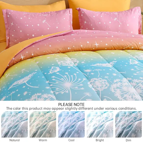 Miniatura 26 de Dinjoy Juego de edredón para niñas, tamaño individual, colorido, azul, rosa, morado, arcoíris, juego de ropa de cama de 6 piezas en una bolsa
