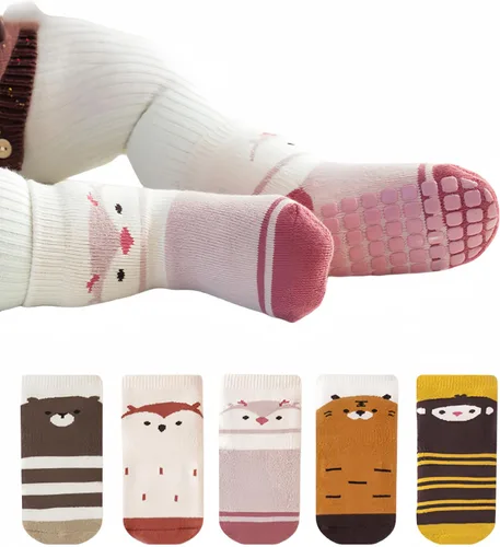 Calcetines antideslizantes para bebés y niños pequeños, cálidos, gruesos, antideslizantes, calcetines para niñas y niños, recién nacidos, 5 pares