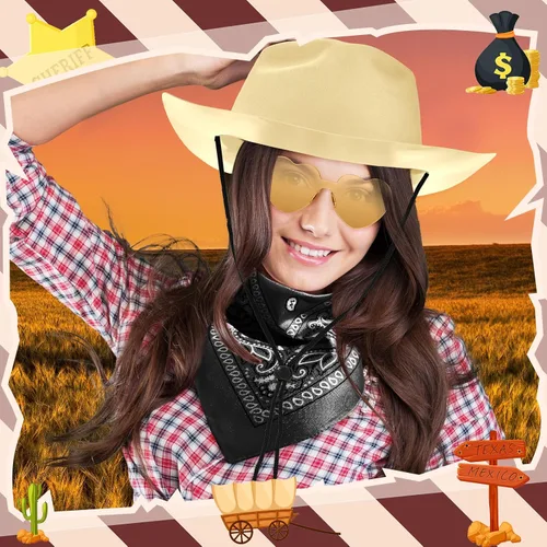 Miniatura 6 de Newcotte Juego de 18 Piezas de Sombreros de Plástico de Vaquero Occidental Incluye 6 Sombreros 6 Bandanas Paisley 6 Pares de Gafas