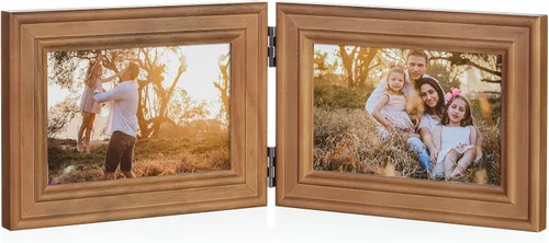 Miniatura 24 de Marco de fotos doble horizontal con bisagras plegable de 4 x 6 pulgadas en madera de pino negro con vidrio real para mesa X3-HEI-2H46