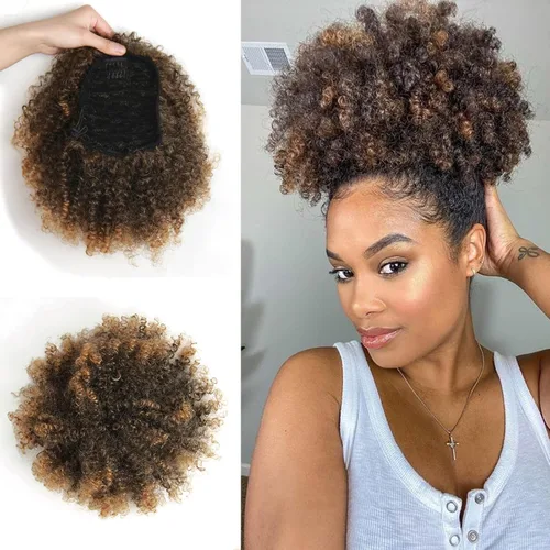 Miniatura 19 de Extensión de cola de caballo afro rizada encrespada con cordón para mujeres, cola de caballo afro con cordón, rizos encrespados sintéticos, piezas