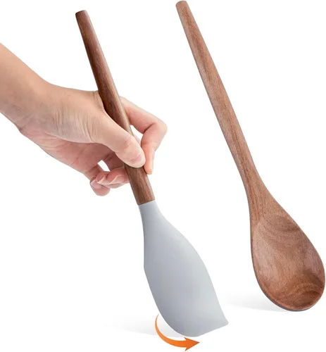 Miniatura 10 de Juego de 2 espátulas de silicona para hornear y cocinar, para mezclar buenos agarres, espátulas de acacia, grado alimenticio, mango de madera maciza